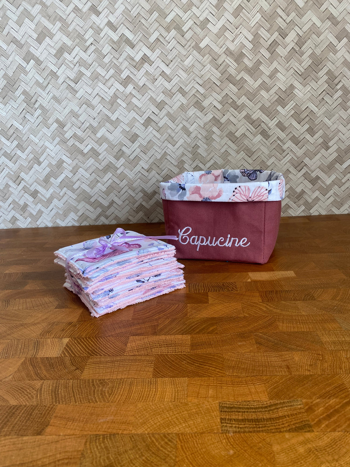 Corbeille PERSONNALISÉE et cotons lavable MOTIF AUX CHOIX